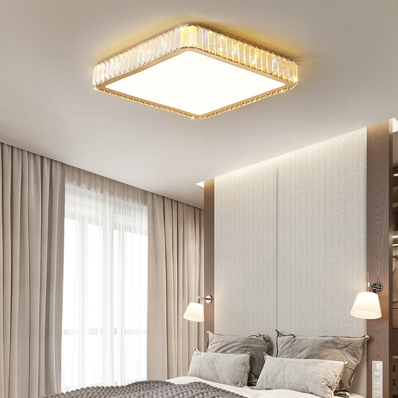 Modern Luxury Square Flower Crystal Stainless Steel LED Flush Mount Ceiling Light For Bedroom