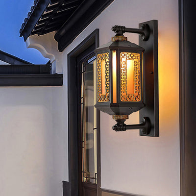 Traditional Chinese Rectangular Lantern Aluminum Glass 1-Light Outdoor Wall Sconce Lamp For Garden