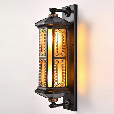 Traditional Chinese Rectangular Lantern Aluminum Glass 1-Light Outdoor Wall Sconce Lamp For Garden