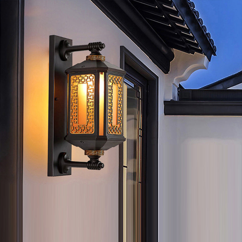 Traditional Chinese Rectangular Lantern Aluminum Glass 1-Light Outdoor Wall Sconce Lamp For Garden