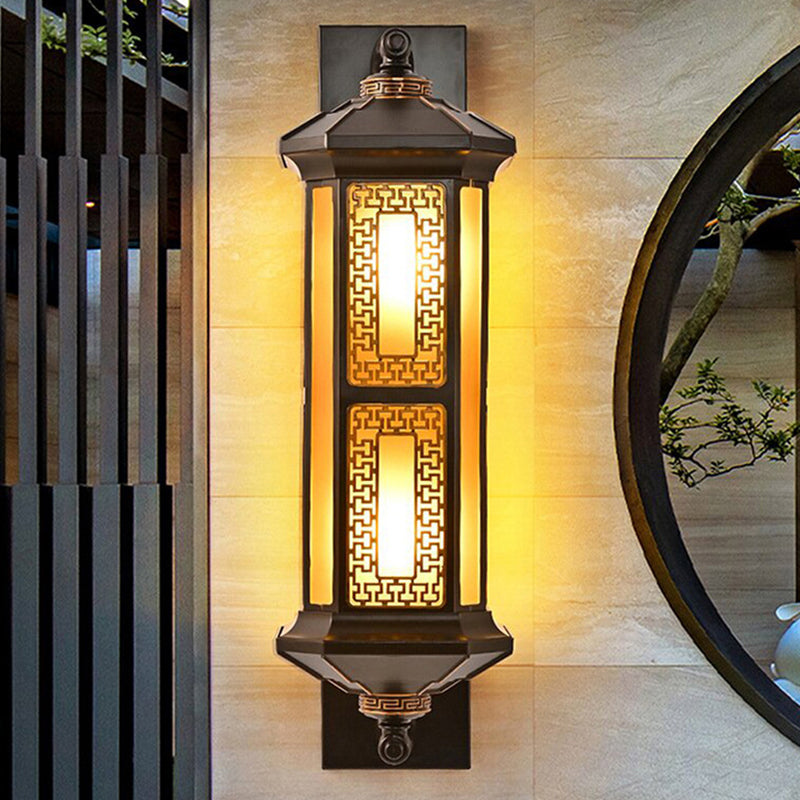 Traditional Chinese Rectangular Lantern Aluminum Glass 1-Light Outdoor Wall Sconce Lamp For Garden