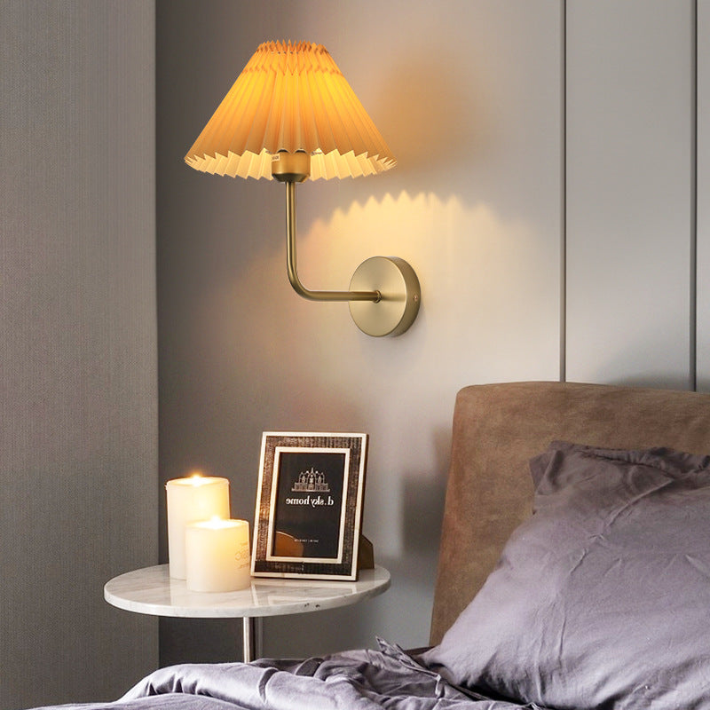 Modern Minimalist Round Pleated Iron Fabric 1-Light Wall Sconce Lamp For Bedroom