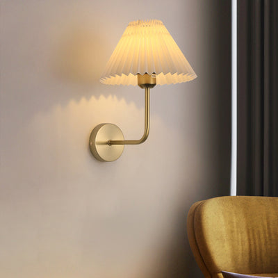 Modern Minimalist Round Pleated Iron Fabric 1-Light Wall Sconce Lamp For Bedroom