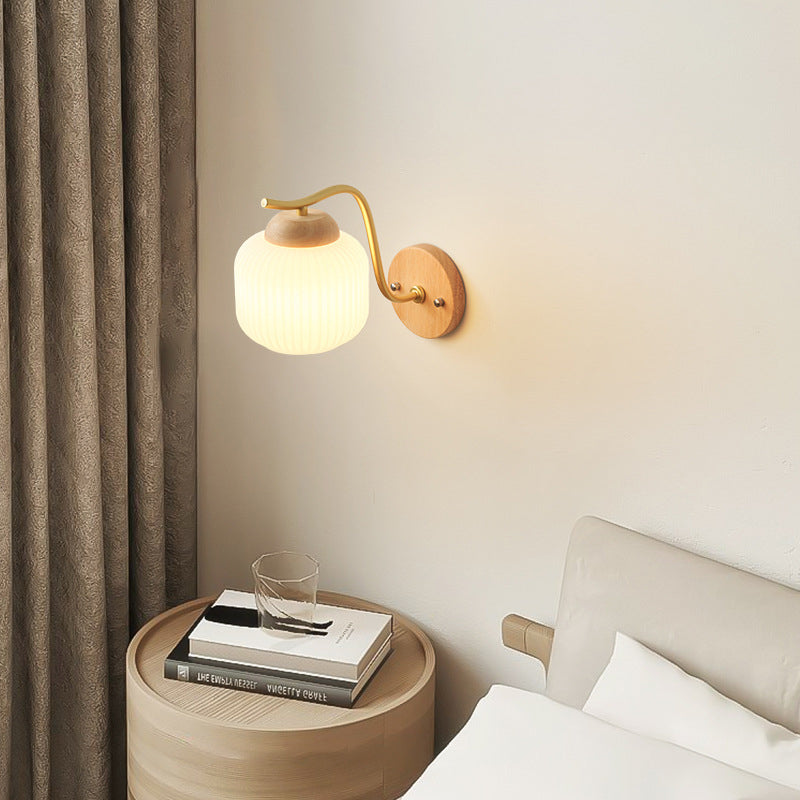 Modern Minimalist Round Cylinder Striped Glass Wood 1-Light Wall Sconce Lamp For Bedroom