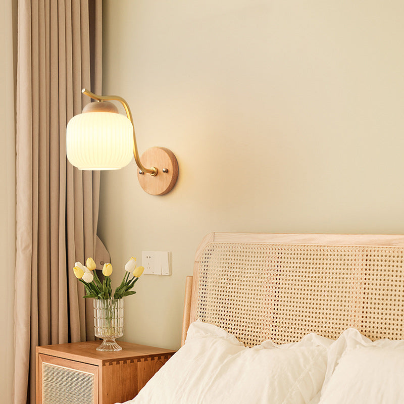 Modern Minimalist Round Cylinder Striped Glass Wood 1-Light Wall Sconce Lamp For Bedroom