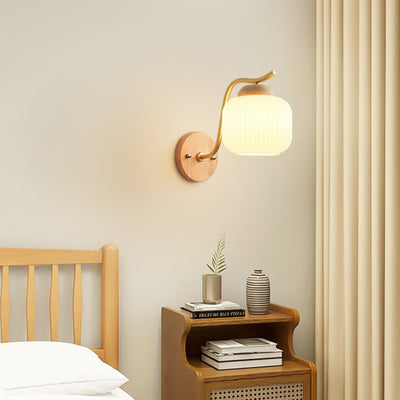 Modern Minimalist Round Cylinder Striped Glass Wood 1-Light Wall Sconce Lamp For Bedroom