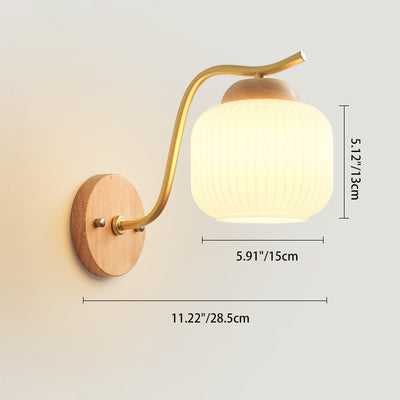 Modern Minimalist Round Cylinder Striped Glass Wood 1-Light Wall Sconce Lamp For Bedroom