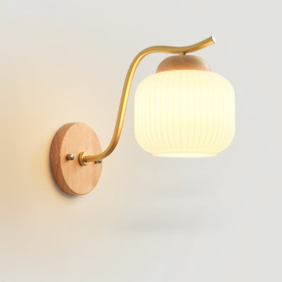 Modern Minimalist Round Cylinder Striped Glass Wood 1-Light Wall Sconce Lamp For Bedroom