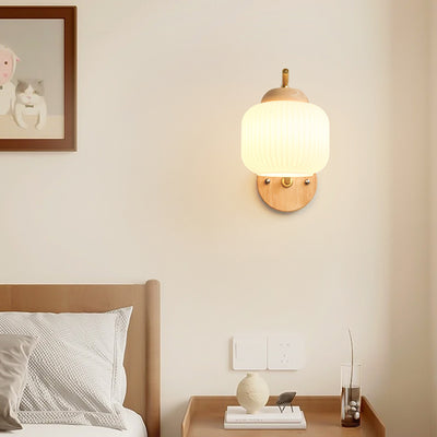 Modern Minimalist Round Cylinder Striped Glass Wood 1-Light Wall Sconce Lamp For Bedroom