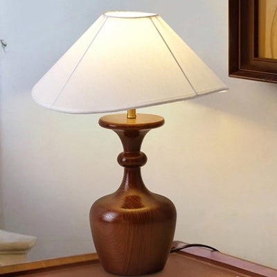 Traditional French Round Shaped Vase Base Wooden Fabric Iron 1-Light Table Lamp For Living Room