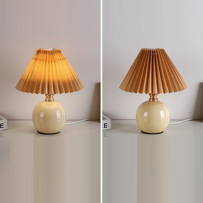 Modern Art Deco Orb Base Pleated Fabric Ceramic 1-Light Table Lamp For Bedroom