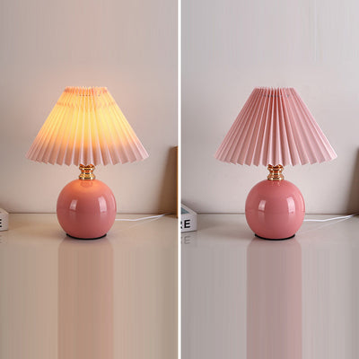 Modern Art Deco Orb Base Pleated Fabric Ceramic 1-Light Table Lamp For Bedroom