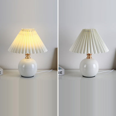 Modern Art Deco Orb Base Pleated Fabric Ceramic 1-Light Table Lamp For Bedroom