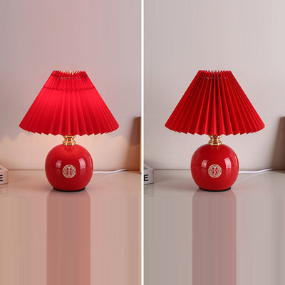 Modern Art Deco Orb Base Pleated Fabric Ceramic 1-Light Table Lamp For Bedroom