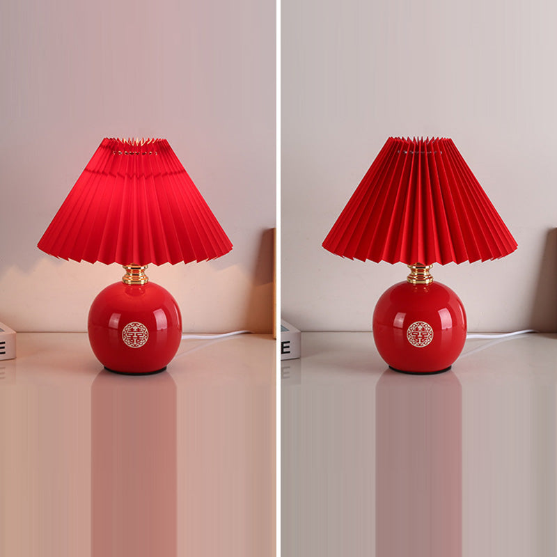 Modern Art Deco Orb Base Pleated Fabric Ceramic 1-Light Table Lamp For Bedroom