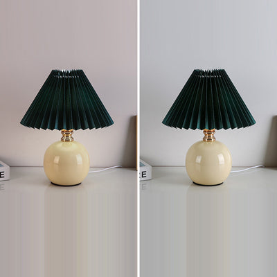 Modern Art Deco Orb Base Pleated Fabric Ceramic 1-Light Table Lamp For Bedroom