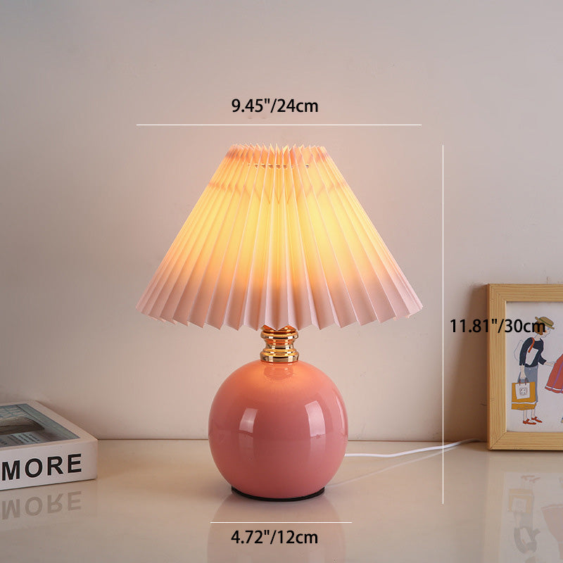 Modern Art Deco Orb Base Pleated Fabric Ceramic 1-Light Table Lamp For Bedroom