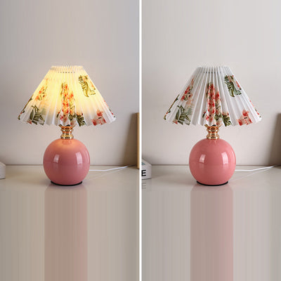 Modern Art Deco Orb Base Pleated Fabric Ceramic 1-Light Table Lamp For Bedroom