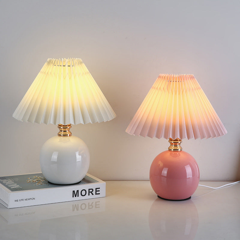 Modern Art Deco Orb Base Pleated Fabric Ceramic 1-Light Table Lamp For Bedroom