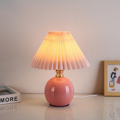 Modern Art Deco Orb Base Pleated Fabric Ceramic 1-Light Table Lamp For Bedroom