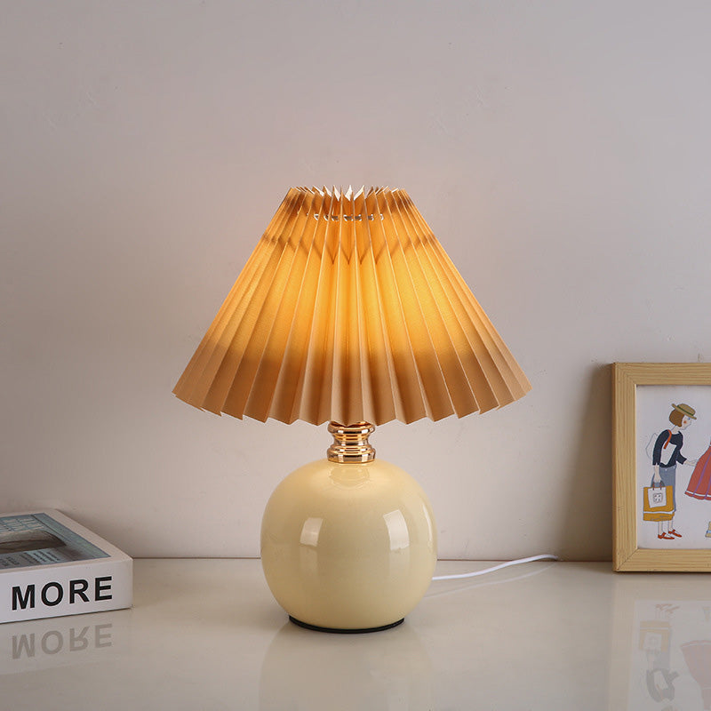 Modern Art Deco Orb Base Pleated Fabric Ceramic 1-Light Table Lamp For Bedroom