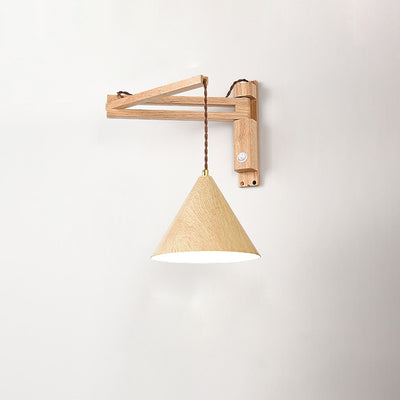 Traditional Vintage Swing Arm Cone Wood Iron 1-Light Wall Sconce Lamp For Bedroom