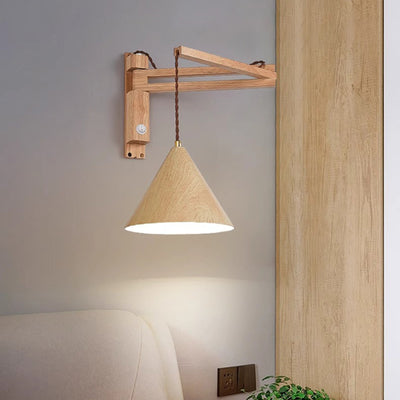 Traditional Vintage Swing Arm Cone Wood Iron 1-Light Wall Sconce Lamp For Bedroom