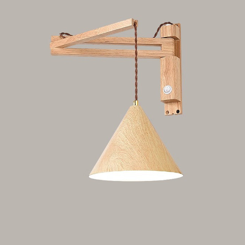 Traditional Vintage Swing Arm Cone Wood Iron 1-Light Wall Sconce Lamp For Bedroom