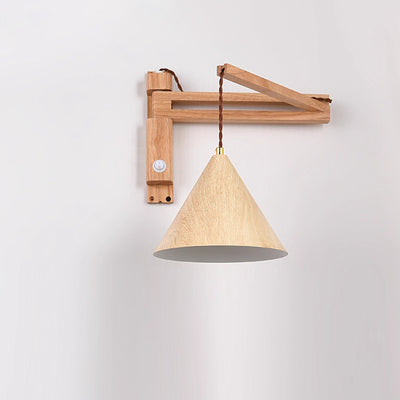 Traditional Vintage Swing Arm Cone Wood Iron 1-Light Wall Sconce Lamp For Bedroom