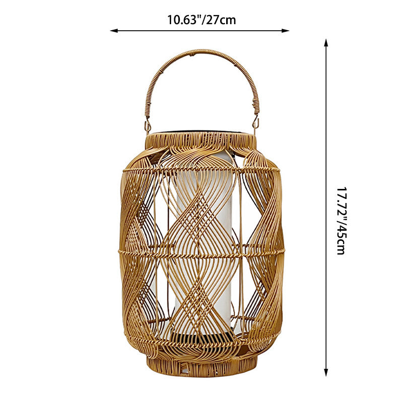 Contemporary Coastal Solar Cylinder Lantern Rattan PE Iron LED Standing Floor Lamp For Outdoor Patio