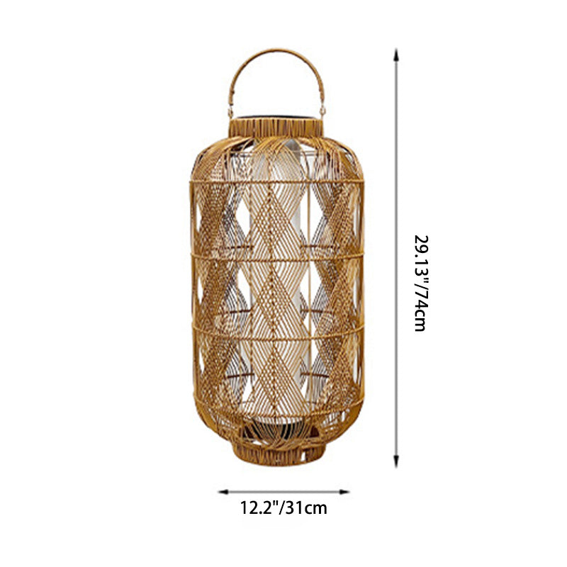 Contemporary Coastal Solar Cylinder Lantern Rattan PE Iron LED Standing Floor Lamp For Outdoor Patio