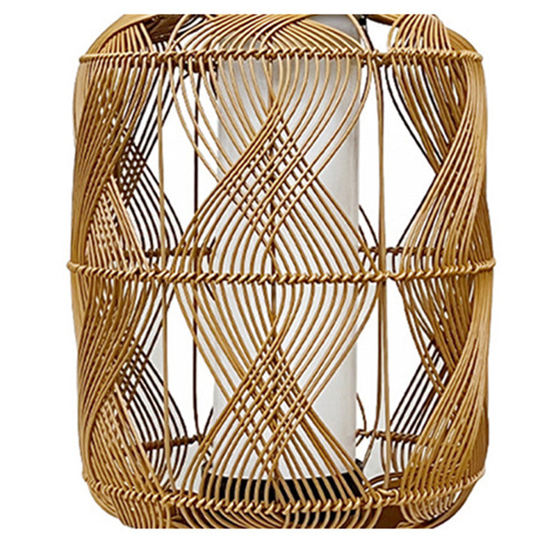 Contemporary Coastal Solar Cylinder Lantern Rattan PE Iron LED Standing Floor Lamp For Outdoor Patio