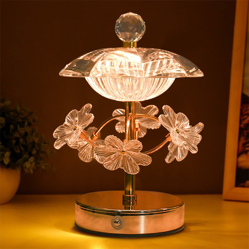 Modern Art Deco Round Base Flower Crystal Metal LED Table Lamp For Bedroom