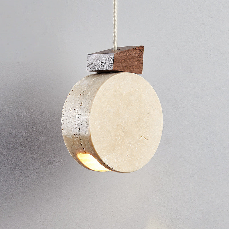 Modern Minimalist Round Solid Wood Beige Travertine 1-Light Pendant Light For Living Room