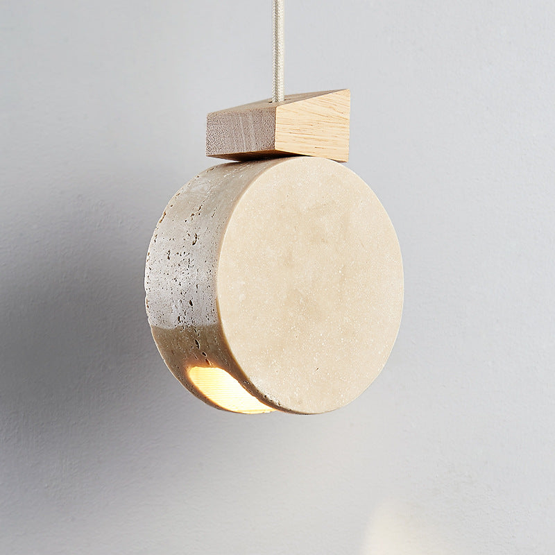 Modern Minimalist Round Solid Wood Beige Travertine 1-Light Pendant Light For Living Room