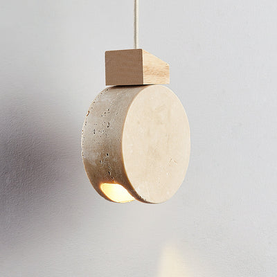 Modern Minimalist Round Solid Wood Beige Travertine 1-Light Pendant Light For Living Room