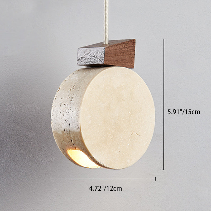 Modern Minimalist Round Solid Wood Beige Travertine 1-Light Pendant Light For Living Room