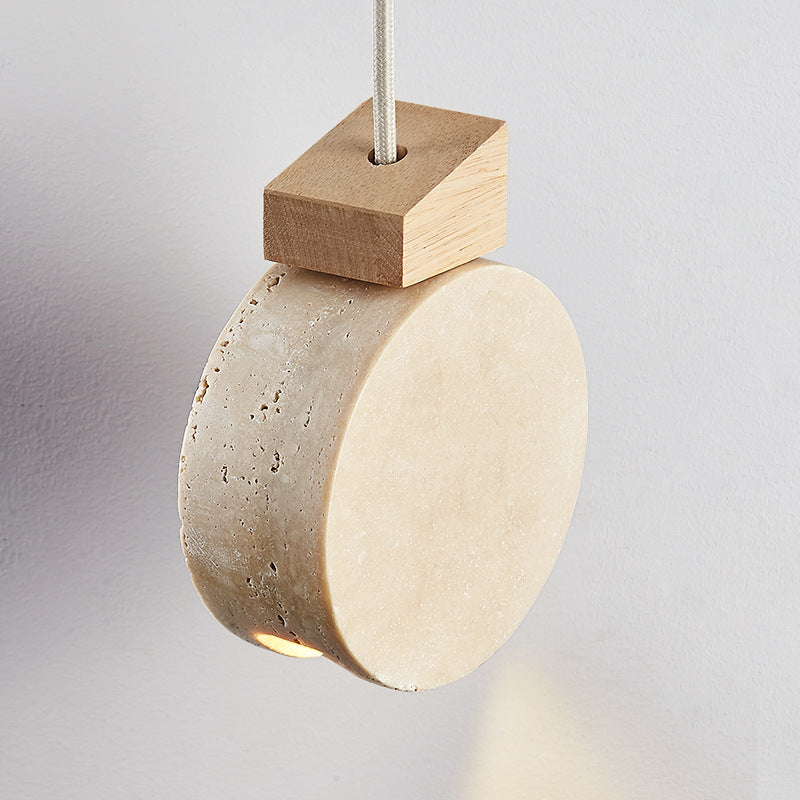 Modern Minimalist Round Solid Wood Beige Travertine 1-Light Pendant Light For Living Room