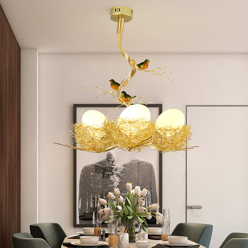 Contemporary Creative Bird Nest Bird Egg Aluminum Glass 1/2/3 Light Chandelier For Living Room