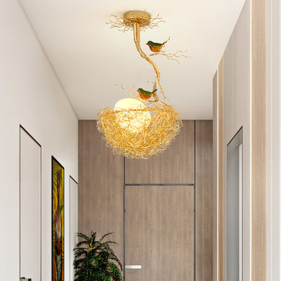 Contemporary Creative Bird Nest Bird Egg Aluminum Glass 1/2/3 Light Chandelier For Living Room