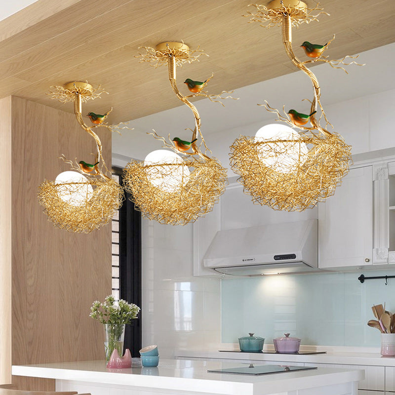 Contemporary Creative Bird Nest Bird Egg Aluminum Glass 1/2/3 Light Chandelier For Living Room