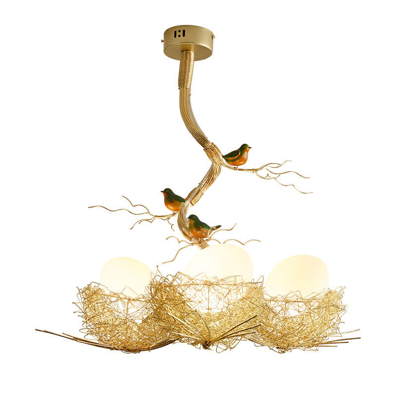 Contemporary Creative Bird Nest Bird Egg Aluminum Glass 1/2/3 Light Chandelier For Living Room