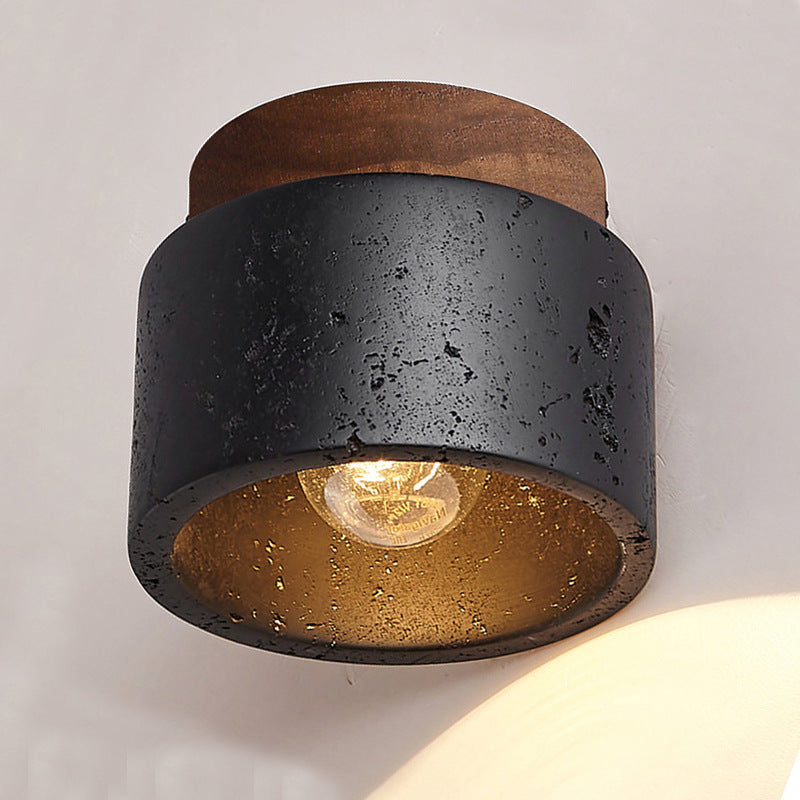 Traditional Japanese Cylindrical Wooden Black Travertine 1-Light Semi-Flush Mount Ceiling Light For Hallway