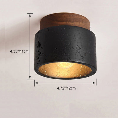 Traditional Japanese Cylindrical Wooden Black Travertine 1-Light Semi-Flush Mount Ceiling Light For Hallway