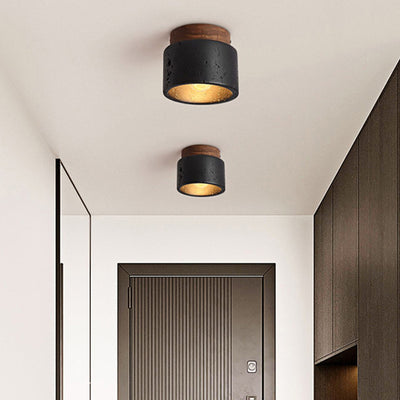 Traditional Japanese Cylindrical Wooden Black Travertine 1-Light Semi-Flush Mount Ceiling Light For Hallway