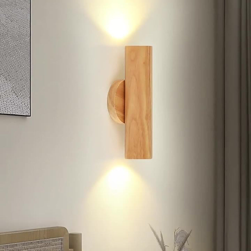 Traditional Chinese Cylinder Rubberwood LED Wall Sconce Lamp For Bedroom