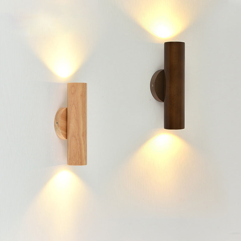 Traditional Chinese Cylinder Rubberwood LED Wall Sconce Lamp For Bedroom