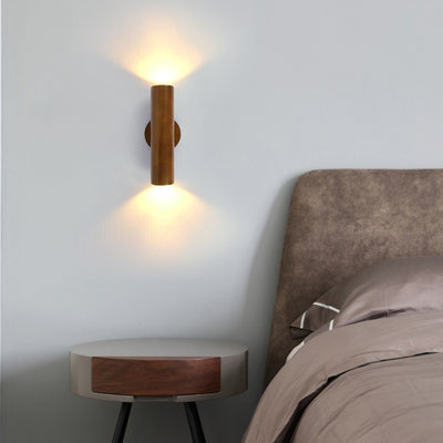 Traditional Chinese Cylinder Rubberwood LED Wall Sconce Lamp For Bedroom