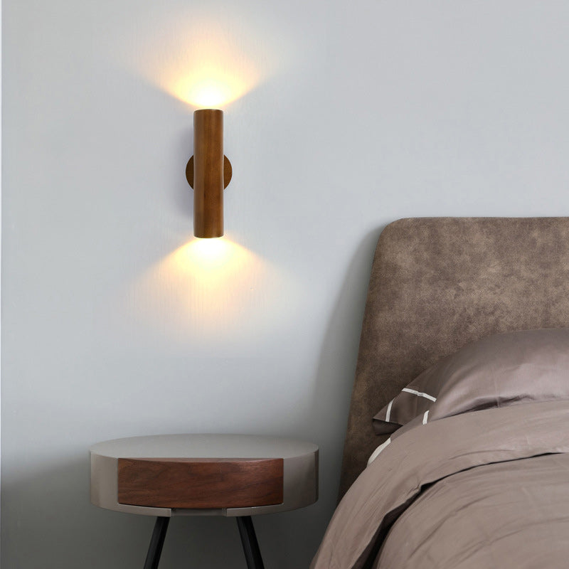 Traditional Chinese Cylinder Rubberwood LED Wall Sconce Lamp For Bedroom