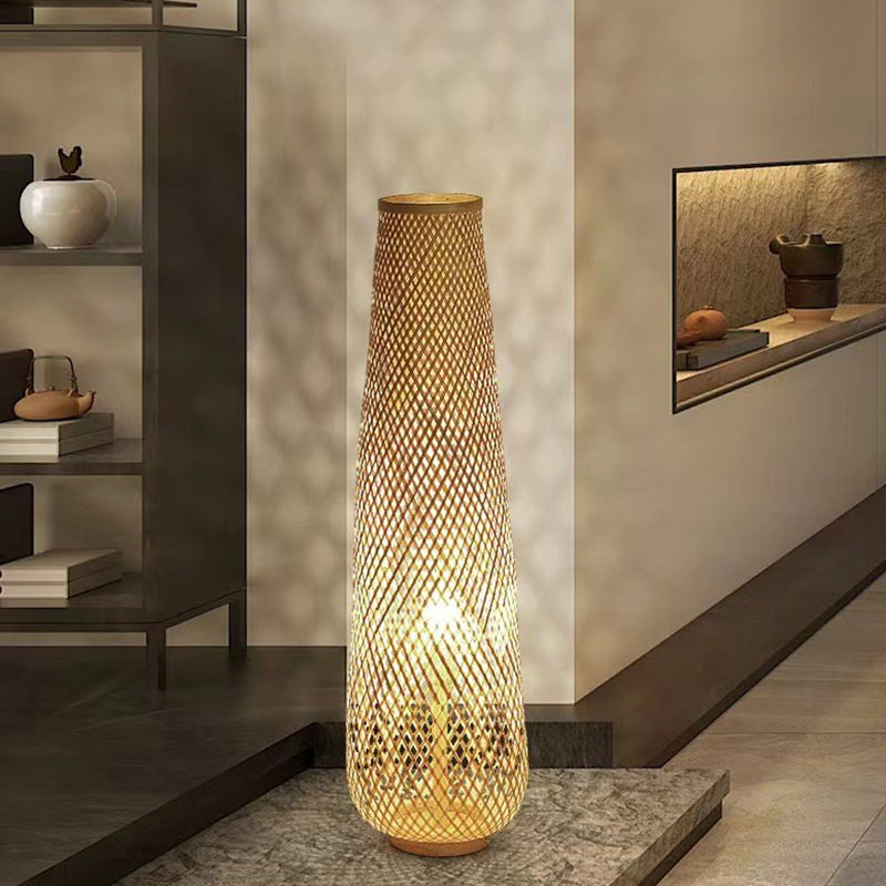 Traditional Chinese Cylinder Bamboo 1-Light Standing Floor Lamp For Living Room